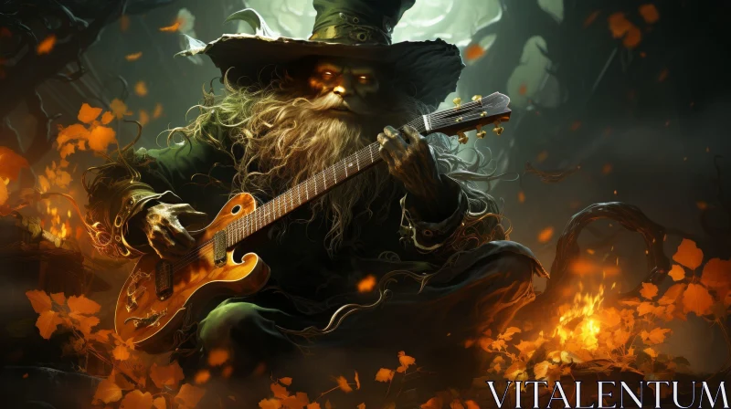 Enchanting Wizard Playing Guitar in Forest AI Image