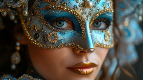 Enigmatic Woman in Blue and Gold Venetian Mask