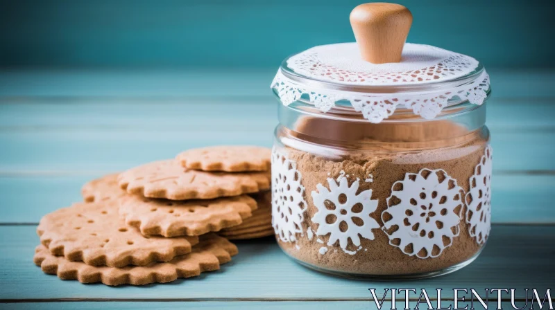 Glass Jar and Cookies on Blue Wooden Table AI Image