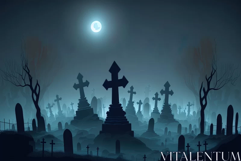 Haunting Graveyard Illustration Under Moonlight | Horror Graphic Design AI Image