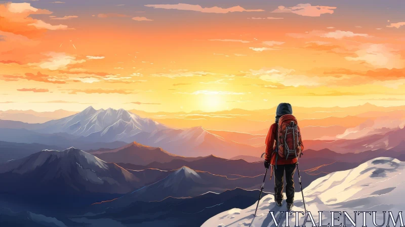 Majestic Mountain Sunset Landscape with Hiker AI Image