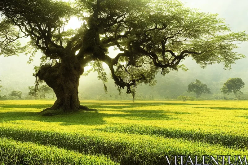 Majestic Tree in Lush Green Field: Exotic Fantasy Landscape AI Image