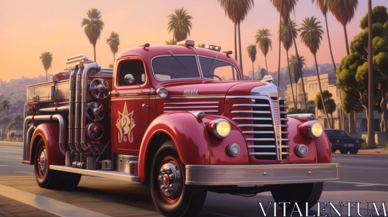 AI ART Red Vintage Fire Truck on Street with Palm Trees