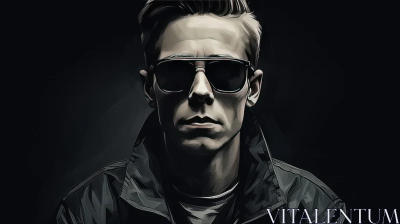 AI ART Serious Man Portrait - Black Leather Jacket and Sunglasses