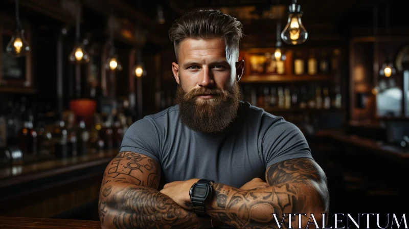 Serious Man with Beard and Tattoos in Bar AI Image