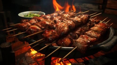 Sizzling Meat Skewers on Grill: Tempting Delicacy