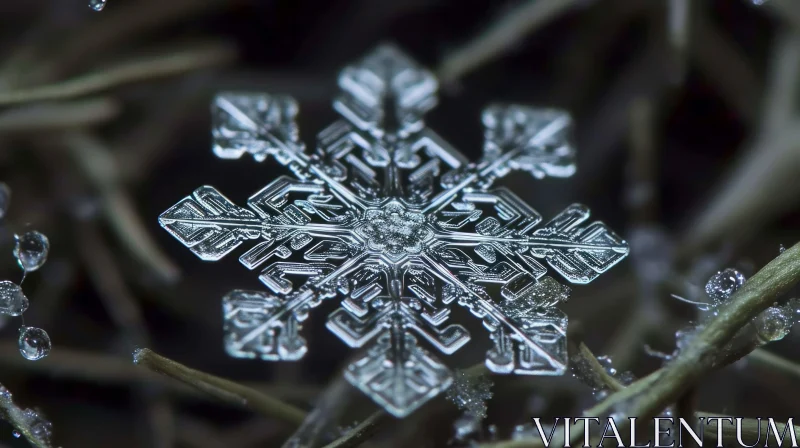 Symmetrical Snowflake Close-up on Dark Background AI Image