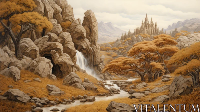 Tranquil Waterfall Landscape Painting AI Image