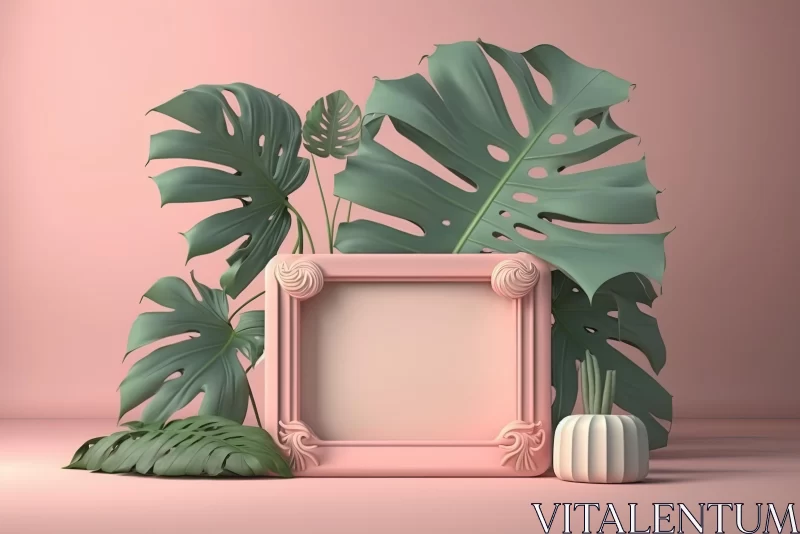 Vintage-Inspired 3D Render Photograph with Plant Frame on Pink Background AI Image