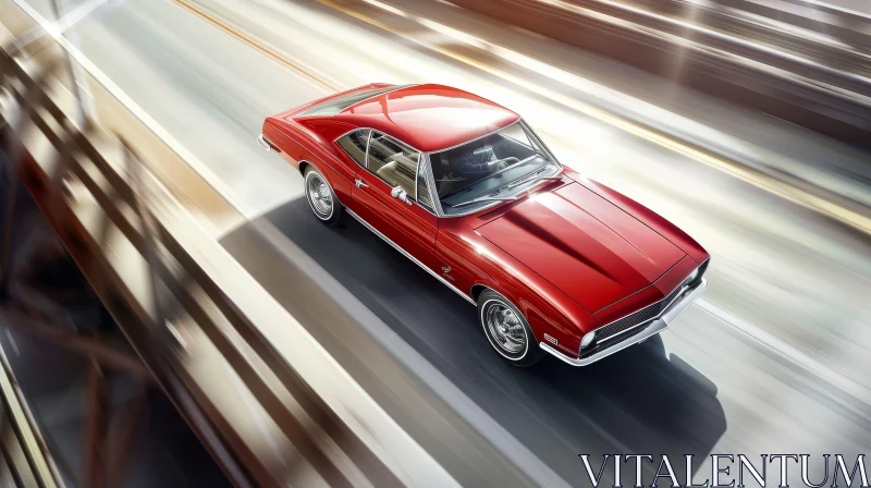 Vintage Red Chevrolet Camaro SS Driving on Asphalt Road AI Image
