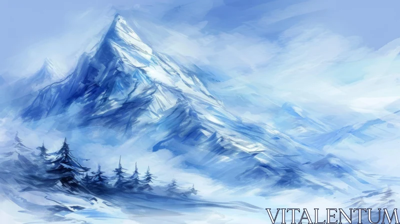 AI ART Winter Mountain Landscape Painting - Serene Beauty in Nature