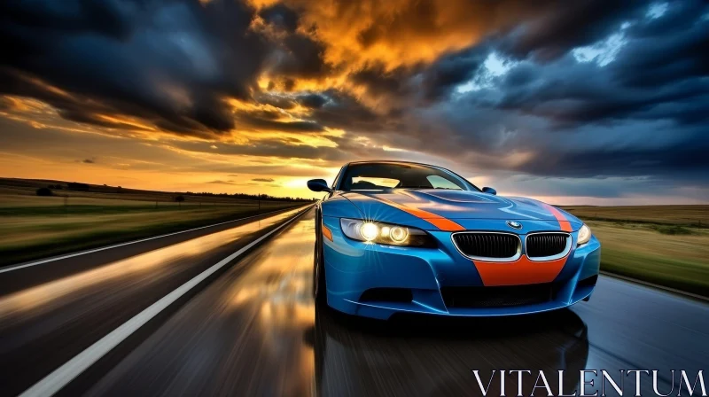Blue BMW M3 E92 Driving on Wet Road AI Image