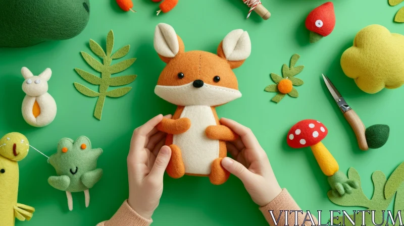 AI ART Captivating Handmade Felt Toys on a Green Background