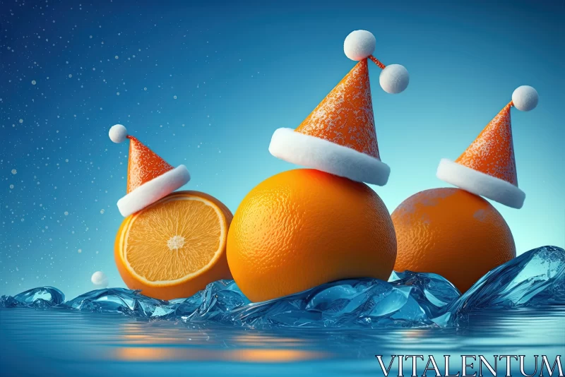 Captivating Oranges with Santa Hats in Water | Realistic Hyper-Detailed Rendering AI Image