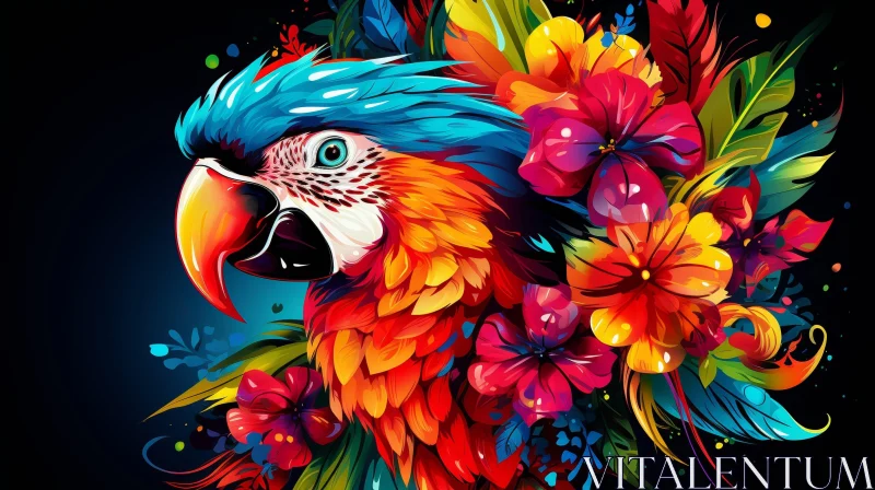 AI ART Colorful Parrot and Flowers Digital Painting
