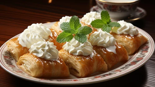 Delicious Turkish Baklava with Cream and Mint
