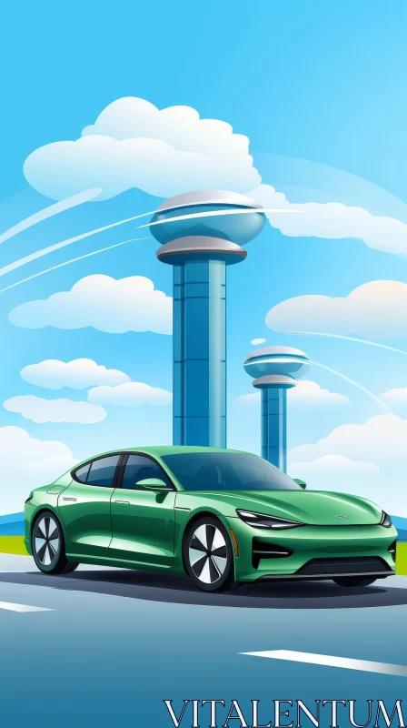 Futuristic Green Electric Car on Road AI Image