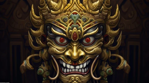 Golden Mask with Red Eyes and Horned Headdress
