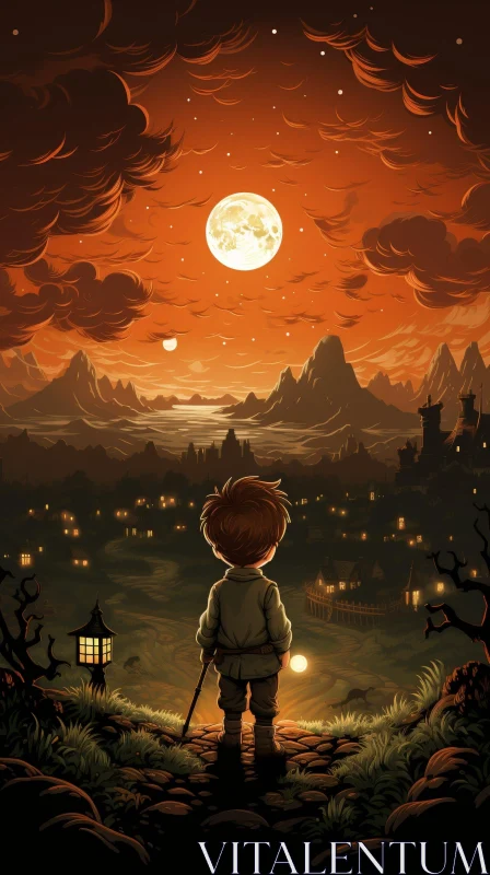 Moonlit Valley Landscape with Boy AI Image