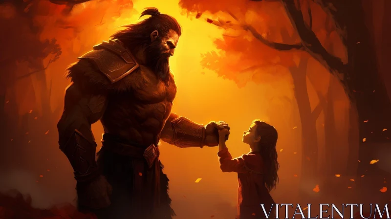 Powerful Man and Child in Forest Painting AI Image