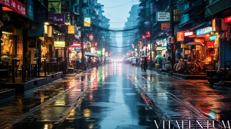AI ART Rainy City Street Scene: Urban Reflections and Colorful Atmosphere
