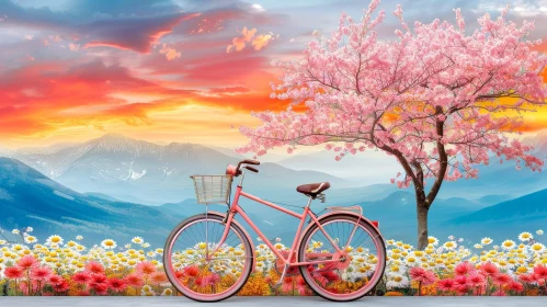 Serene Nature Landscape with Pink Bicycle and Cherry Blossom Tree