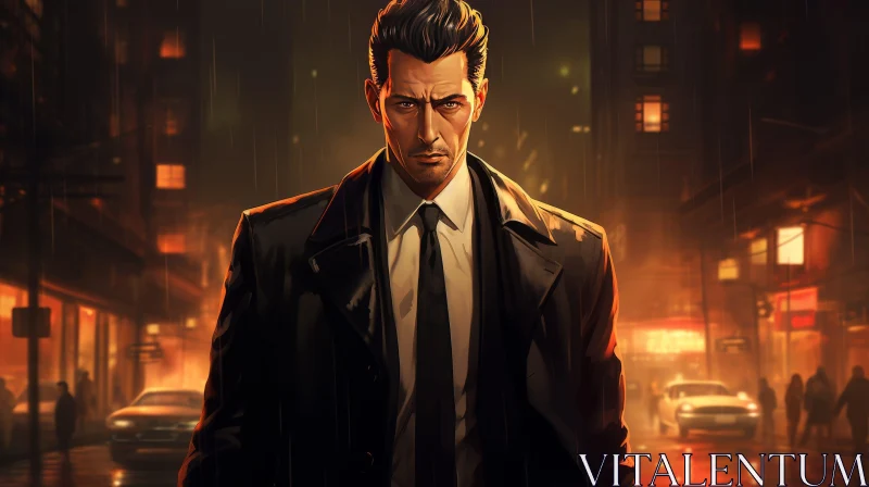 AI ART Serious Man in Suit Standing in Dark Alley