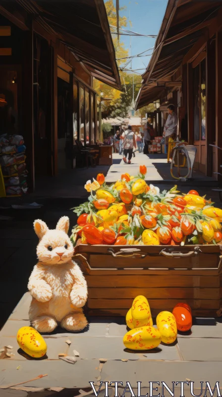 Teddy Bear amidst Fresh Produce in a Colorful Cityscape AI Image