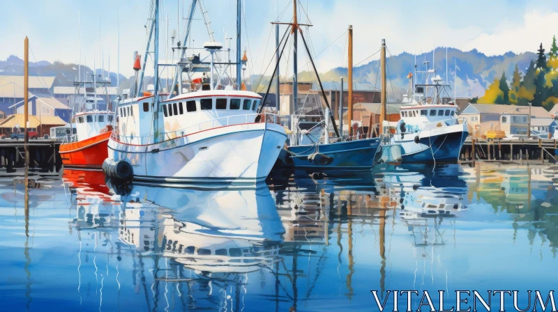 Tranquil Harbor Scene with Fishing Boats and Pier AI Image