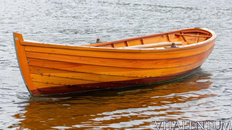 Tranquil Wooden Boat on Calm Lake AI Image