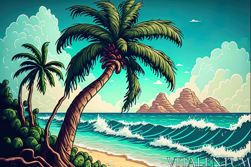 Vibrant Beach Illustration with Palm Trees and Waves AI Image