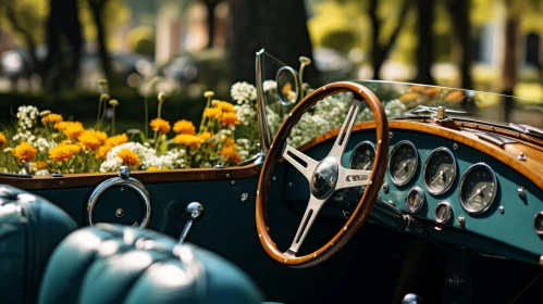 Vintage Car Interior with Wooden Steering Wheel and Blue Dashboard