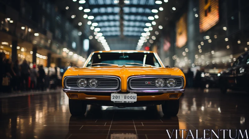 Vintage Yellow Muscle Car in Modern Building AI Image