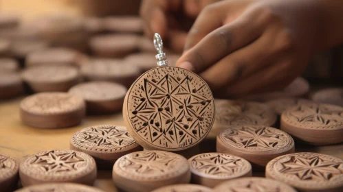 Wooden Pendant with Geometric Pattern - Close-up Handheld Design