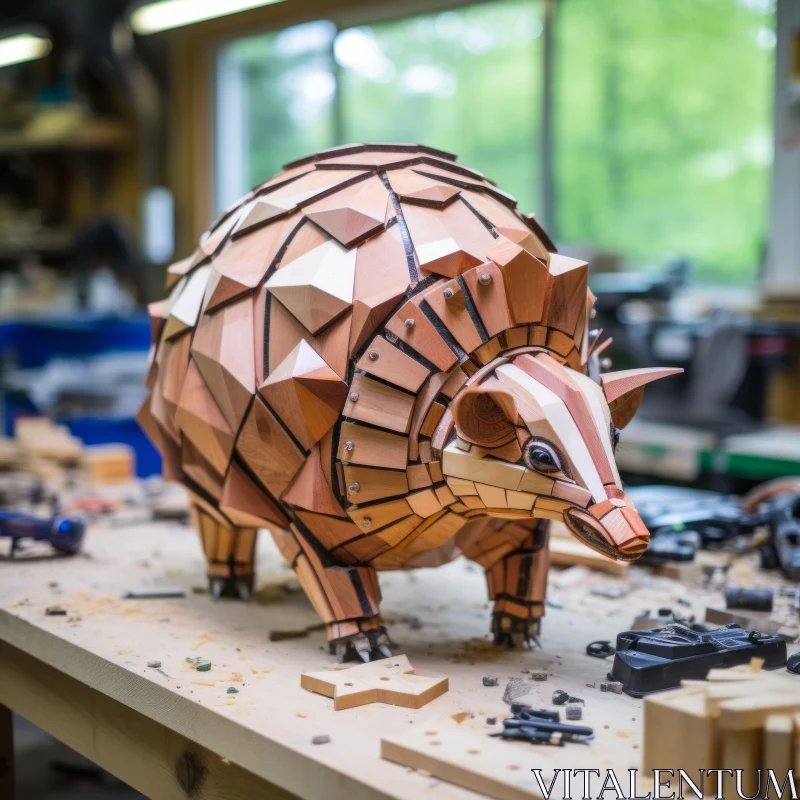 Artistic Wooden Sculptures of Armadillo and Hedgehog AI Image