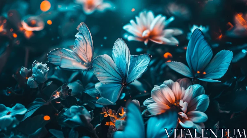 Close-up of Blue and White Butterflies in a Garden of Flowers AI Image