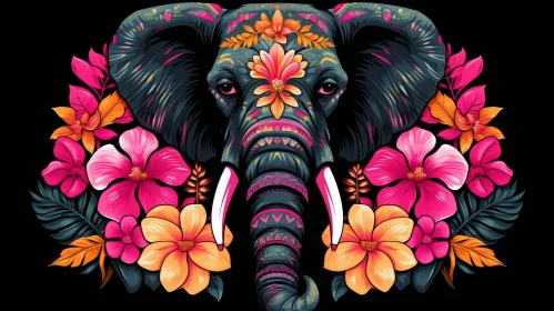 Colorful Elephant Head Illustration with Floral Decorations