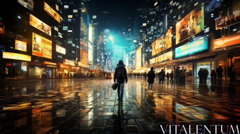 Dark Rainy Futuristic City Street Scene AI Image