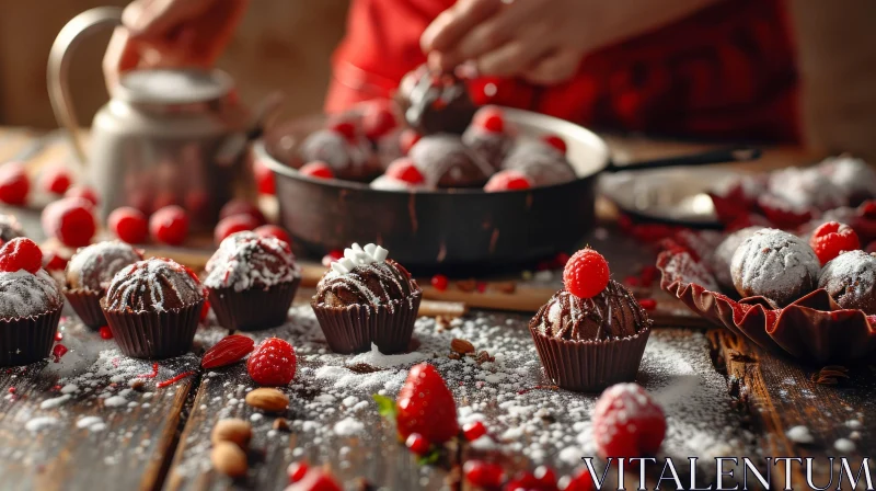 Decadent Chocolate Cupcakes with Raspberries and Icing Sugar AI Image