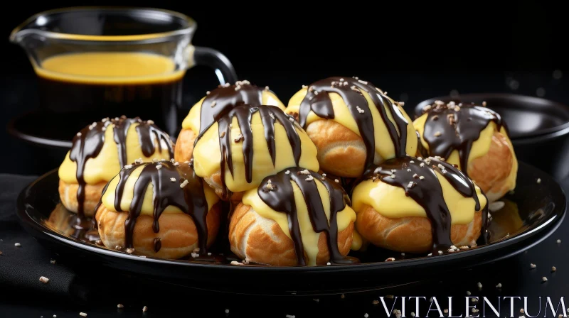 Delicious Cream Puffs with Chocolate Sauce and Vanilla Custard AI Image
