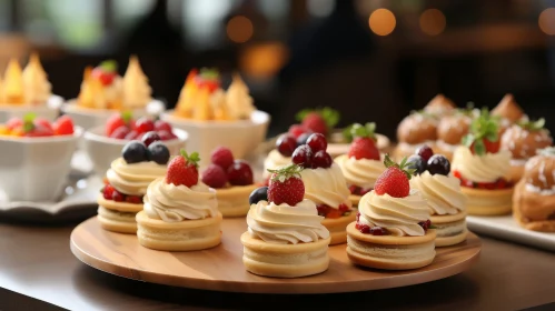 Delicious Pastries with Fresh Berries on Wooden Plate