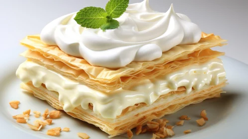 Delicious Puff Pastry Cake with Cream and Mint Leaf