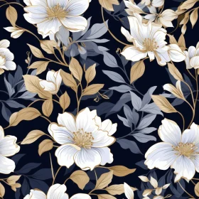 Elegant Floral Pattern - White & Gold Flowers on Dark Blue Background