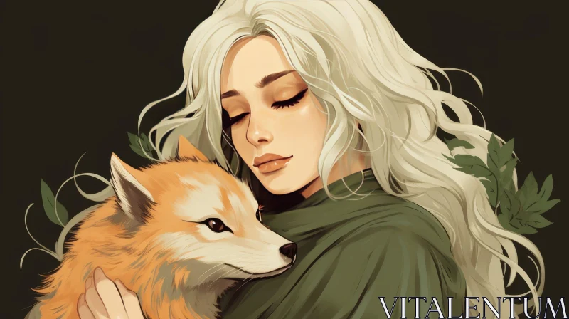 Enchanting Portrait: Woman with Fox in Green Dress AI Image