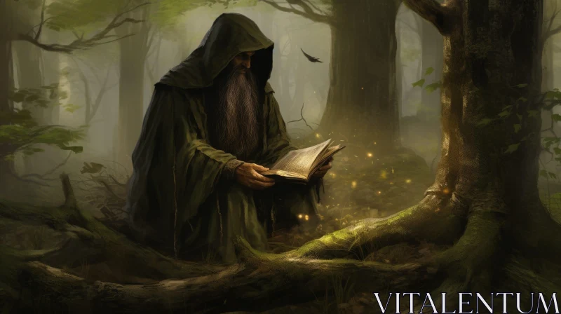 AI ART Enchanting Wizard Reading a Book in the Forest