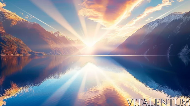 Golden Sunset Mountain Lake Landscape AI Image