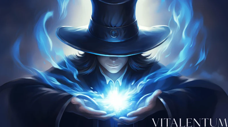 Malevolent Sorcerer Portrait with Blue Flames AI Image