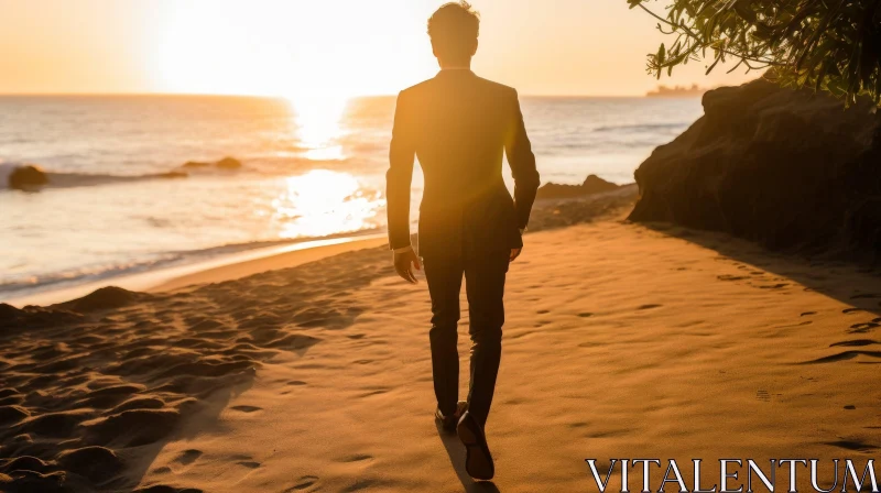 AI ART Man in Dark Suit Walking on Beach at Sunset