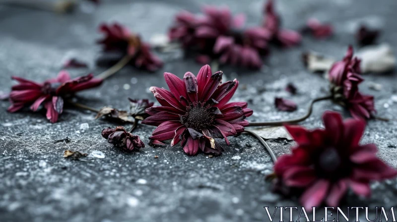 Melancholic Close-up of Dark Purple Flowers on Stone Surface AI Image