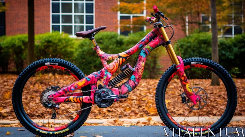 Pink and Purple Full-Suspension Mountain Bike on Paved Road AI Image